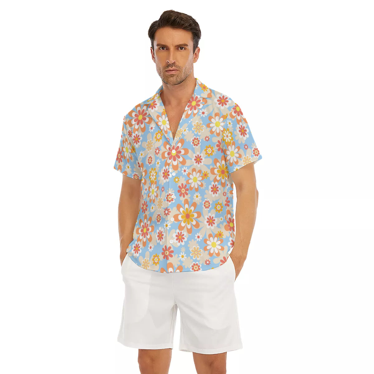 Blue Blooming Mod Floral V-Neck Short Sleeve Shirt