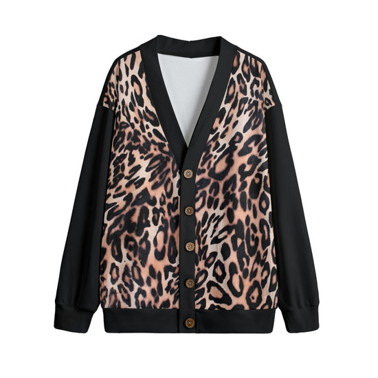 Leopard Print Unisex V-neck Knitted Fleece Cardigan