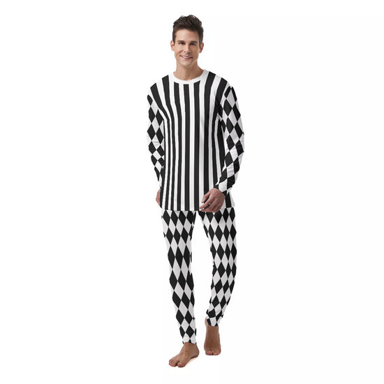 Black White Check Striped Men s PJ Set