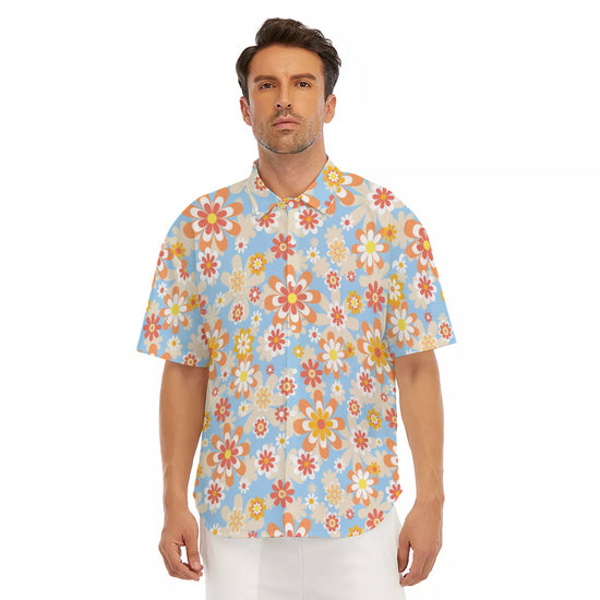 Load image into Gallery viewer, Blue Blooming Mod Floral Drop Shoulder Short Sleeve Shirt
