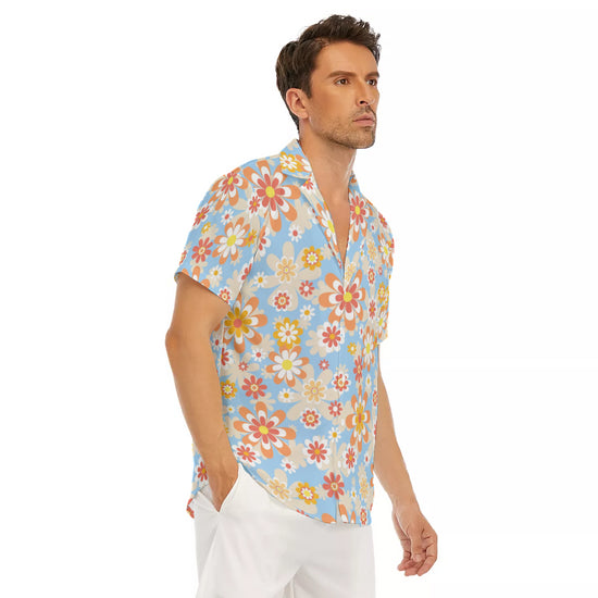 Blue Blooming Mod Floral V-Neck Short Sleeve Shirt