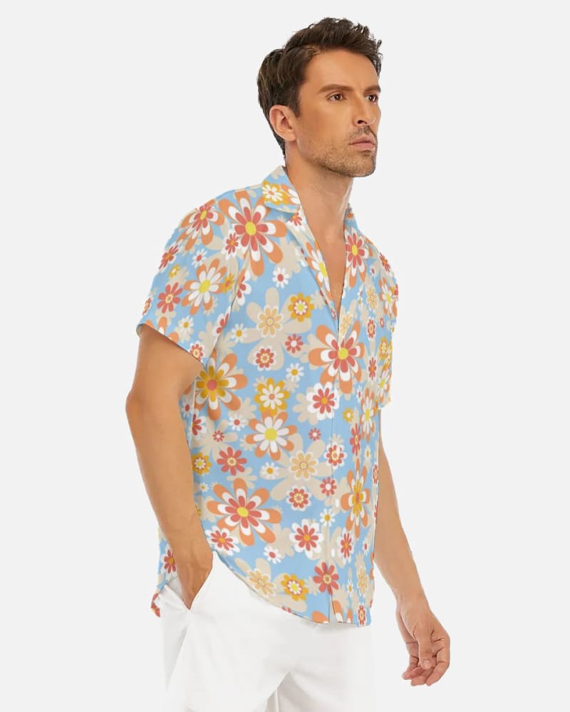 Blue Blooming Mod Floral V-Neck Short Sleeve Shirt