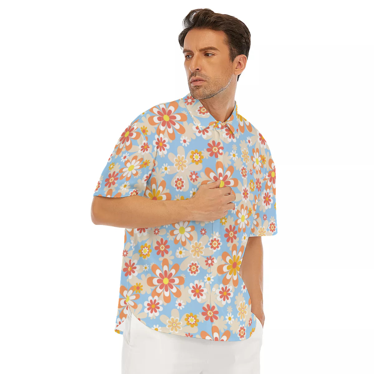 Load image into Gallery viewer, Blue Blooming Mod Floral Drop Shoulder Short Sleeve Shirt
