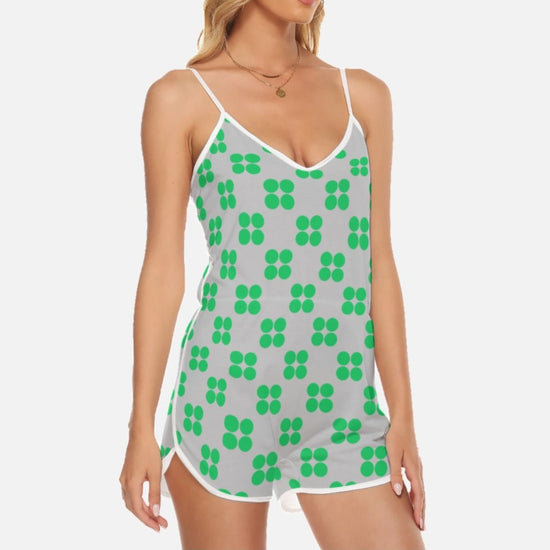 Contemporary Green Dots V Neck Cami Romper