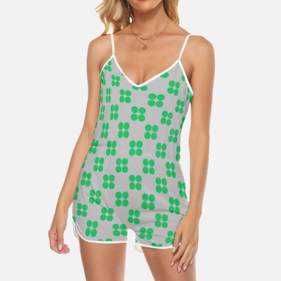 Contemporary Green Dots V Neck Cami Romper