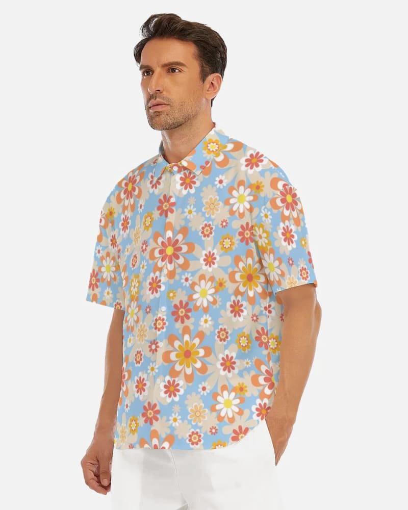 Blue Blooming Mod Floral Drop Shoulder Short Sleeve Shirt
