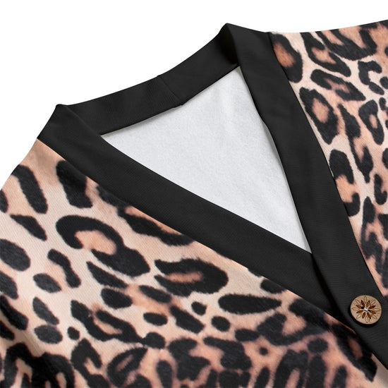 Leopard Print Unisex V-neck Knitted Fleece Cardigan