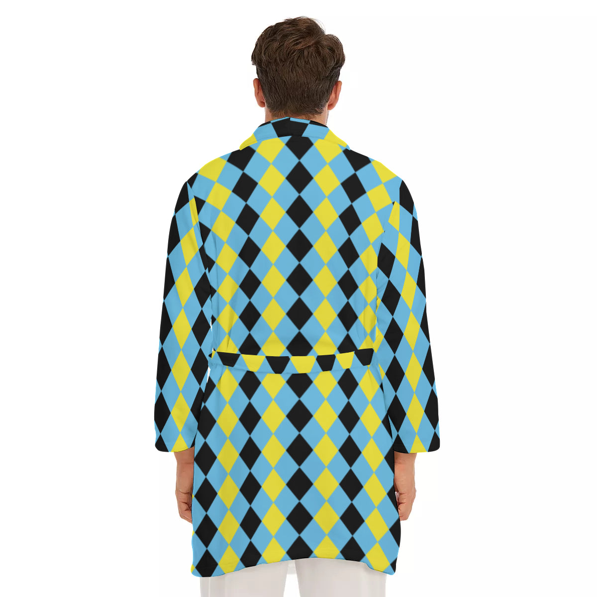 Blue & Yellow Harlequin Check Men's Short Robe