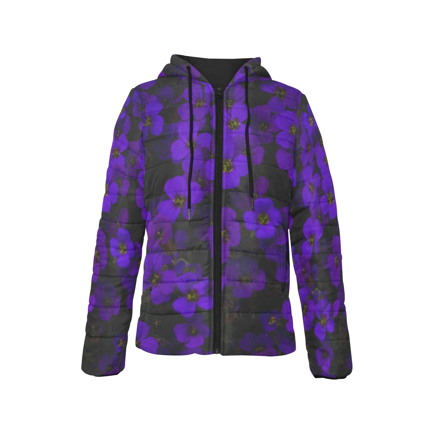 Load image into Gallery viewer, Midnight Purple Flower Women&amp;#39;s Hooded Puffer Jacket
