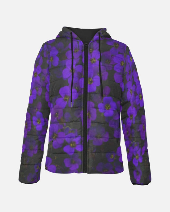 Load image into Gallery viewer, Midnight Purple Flower Women&amp;#39;s Hooded Puffer Jacket
