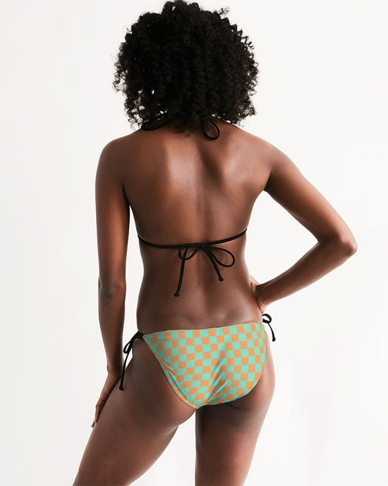 Green & Orange Check Women's Triangle String Bikini Set