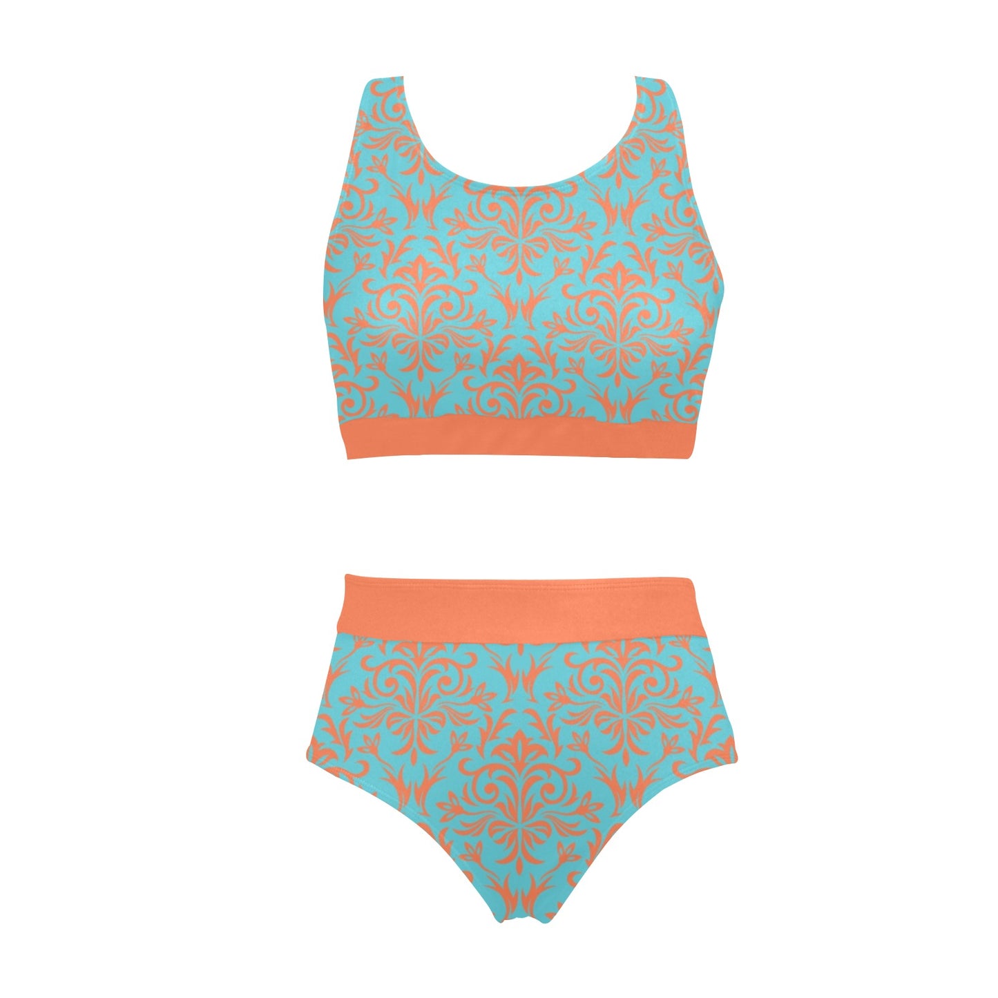 Vintage Motif Orange & Blue Sports Crop Top Bikini Set