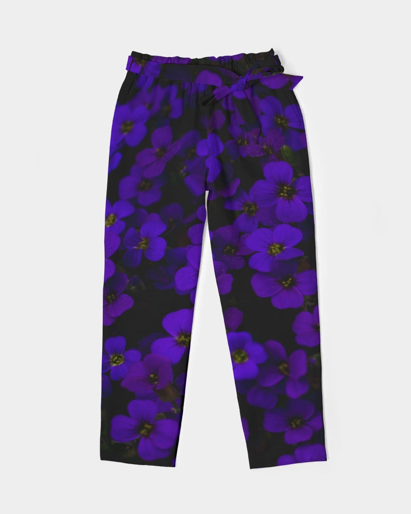 Midnight Purple Flowers Women's Belted Tapered Pants