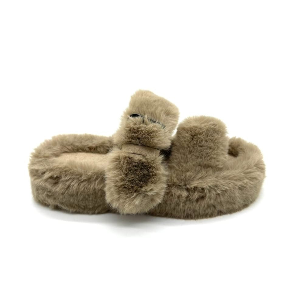 Fluffy Slippers with Buckle Strap in Khaki