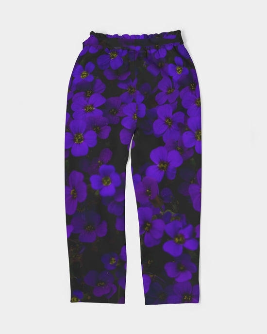 Midnight Purple Flowers Women's Belted Tapered Pants