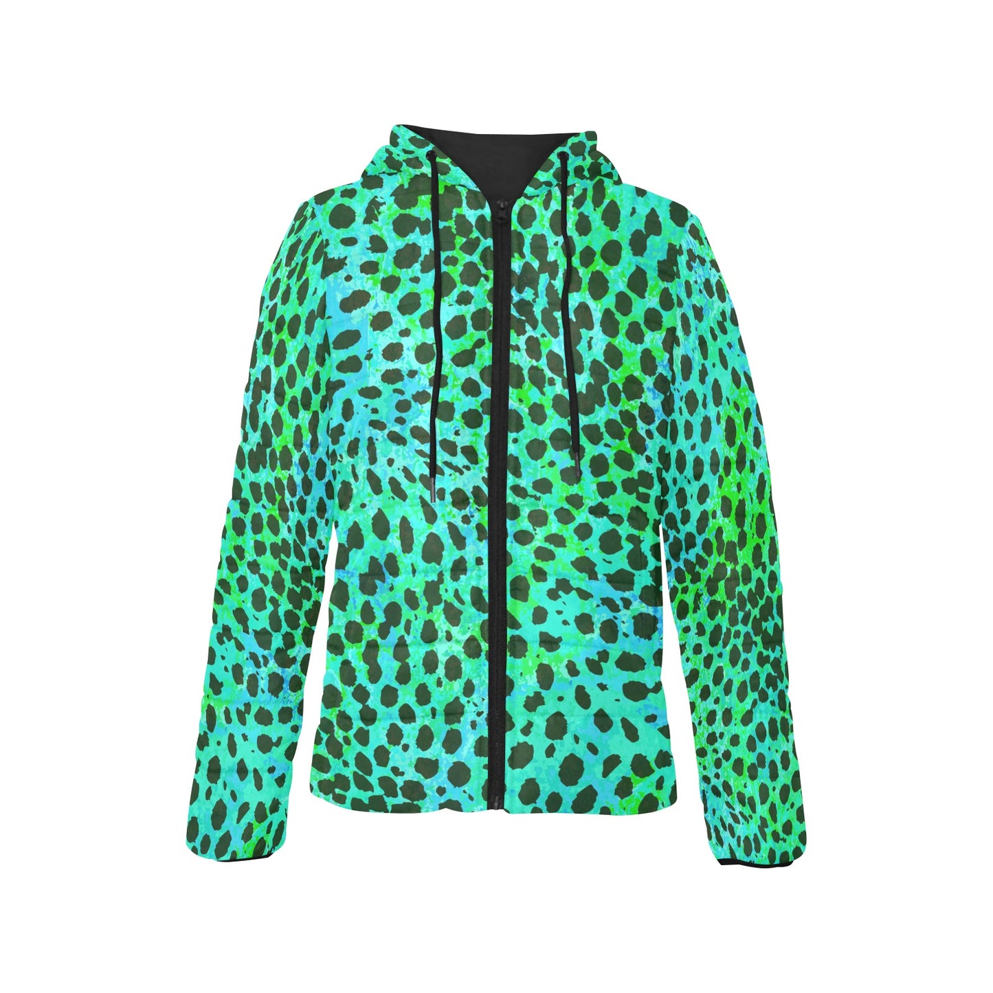 Neon Green Leopard Print Womens Hooded Puffer Jacket