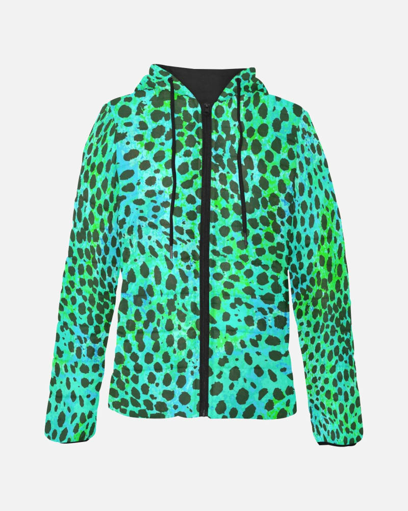 Load image into Gallery viewer, Neon Green Leopard Print Womens Hooded Puffer Jacket
