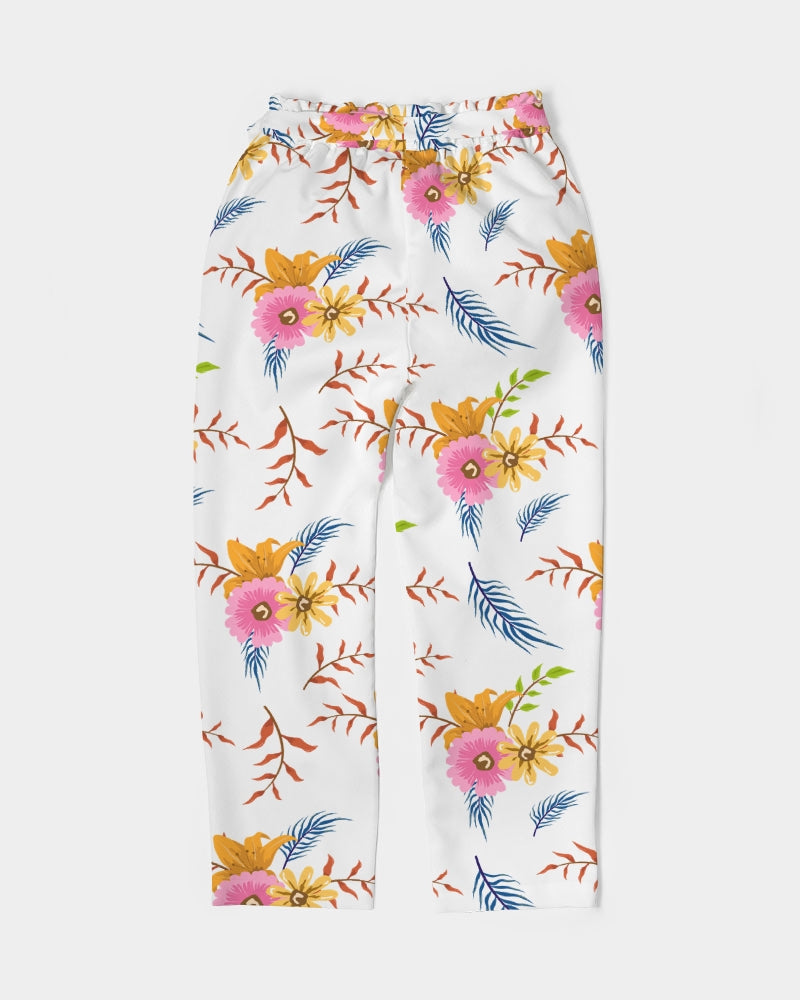 White Summer Floral Women's Belted Tapered Pants