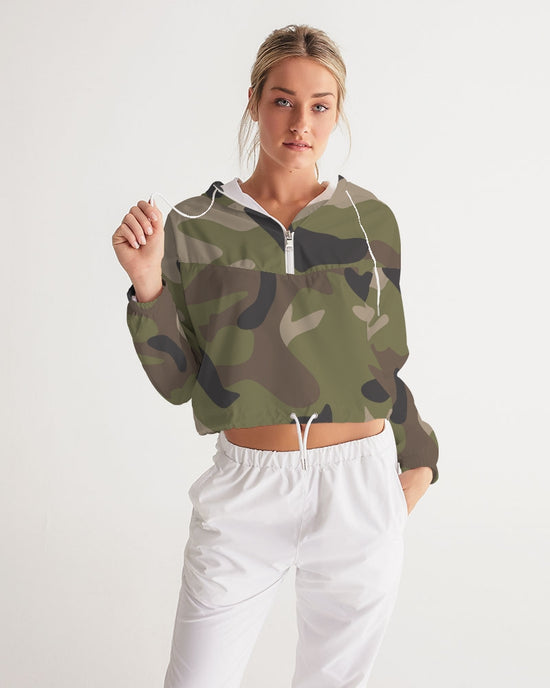 Load image into Gallery viewer, Woodland Camo Women&amp;#39;s Cropped Windbreaker Jacket
