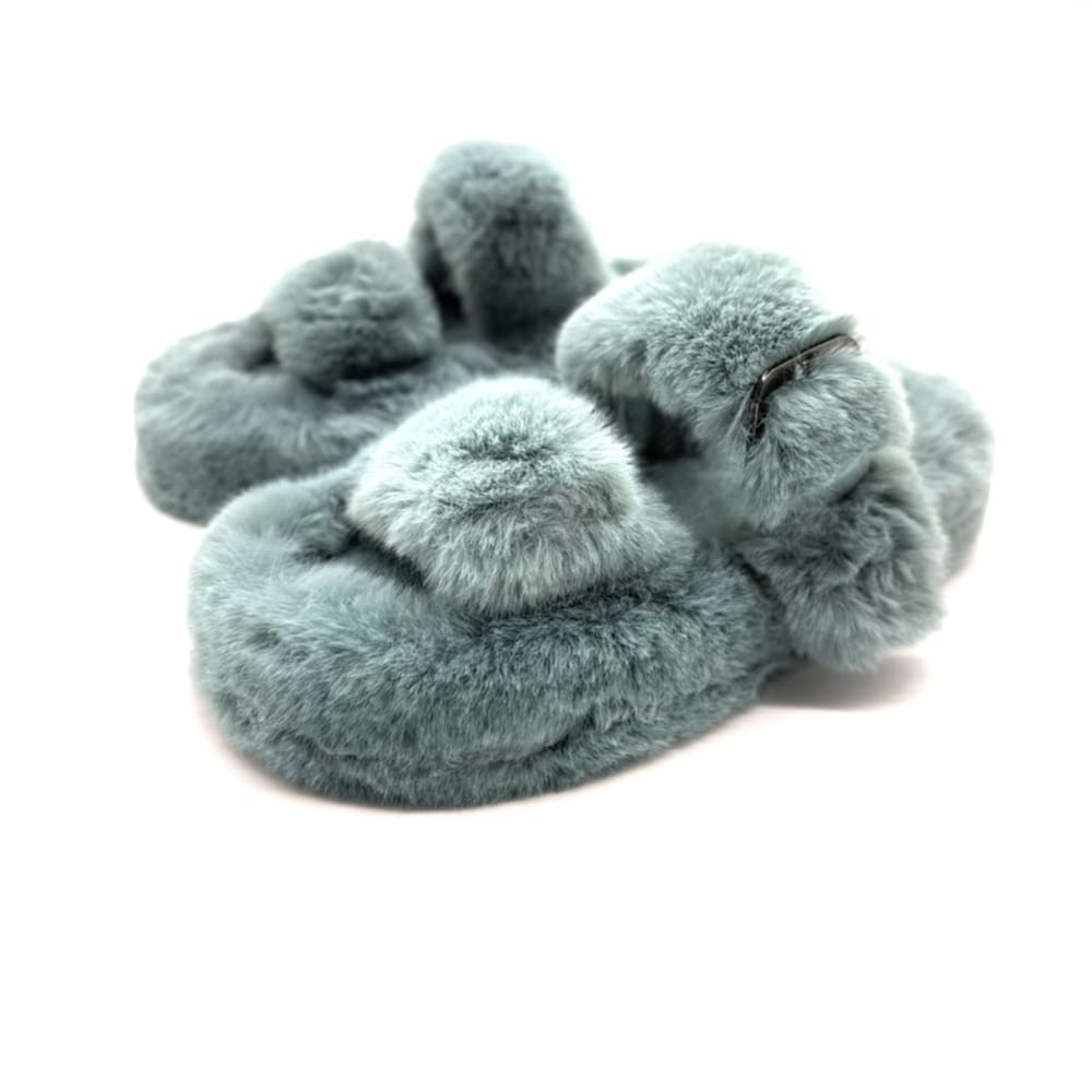 Fluffy Slippers with Buckle Strap in Blue