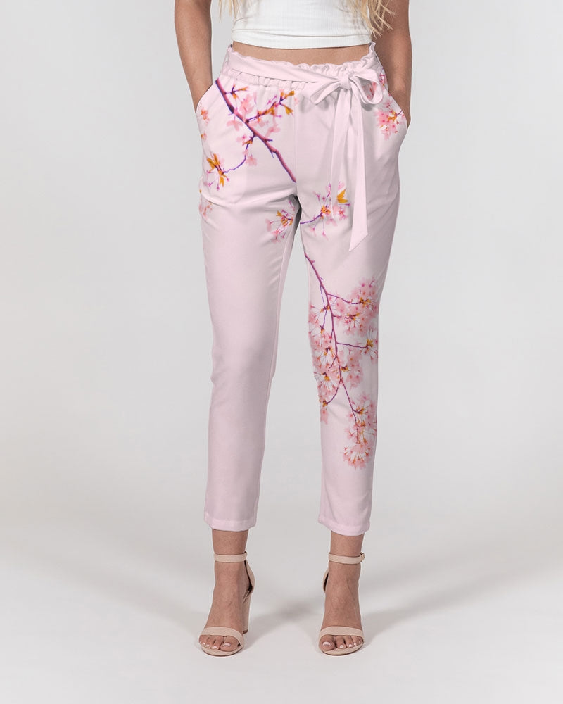 Load image into Gallery viewer, Pink Cherry Blossom Women&amp;#39;s Belted Tapered Pants
