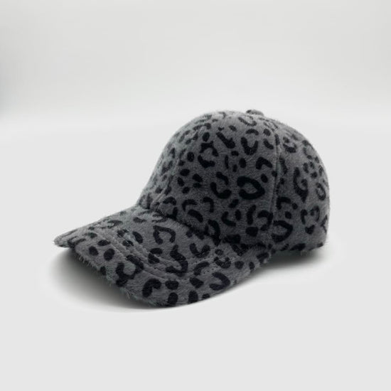 Fluffy Leopard Cap in Dark Gray