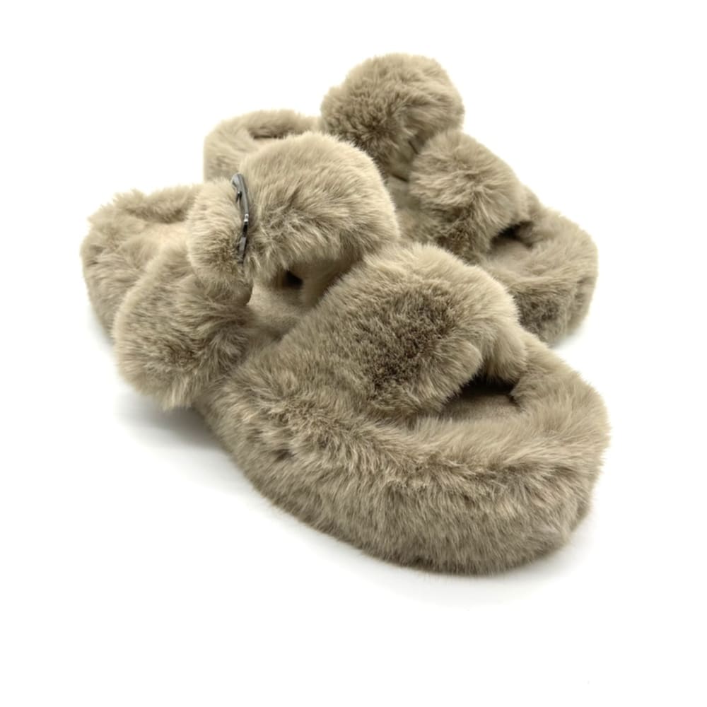 Fluffy Slippers with Buckle Strap in Khaki