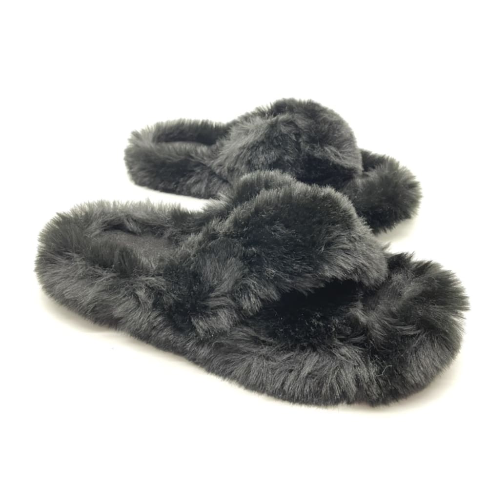 Crossover Fluffy Slippers in Black