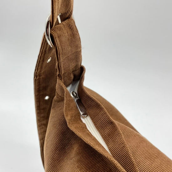 Brown Corduroy Crossbody Shoulder Bag with Adjustable Buckle
