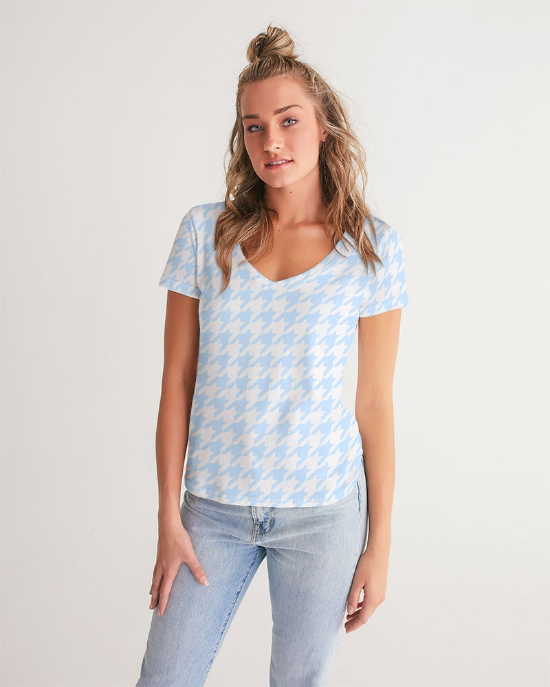 Baby Blue Large Houndstooth Women's V-Neck Tee