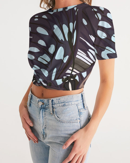 Abstract Blue Butterfly Wings Women's Twist-Front Cropped T Shirt