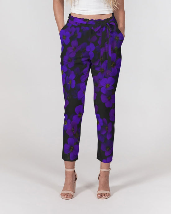 Midnight Purple Flowers Women's Belted Tapered Pants