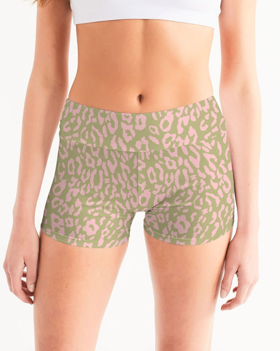 Leopard in Pink & Olive Women's Mid-Rise Yoga Shorts