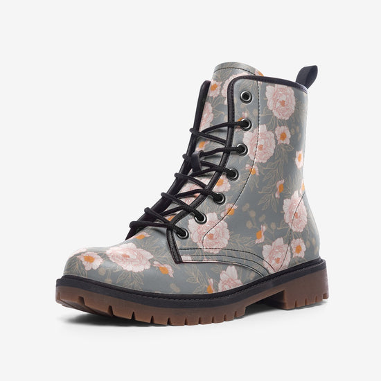 Orange Peonies Floral Gray Lace Up Boots