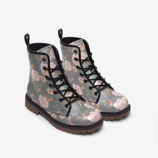 Load image into Gallery viewer, Orange Peonies Floral Gray Lace Up Boots
