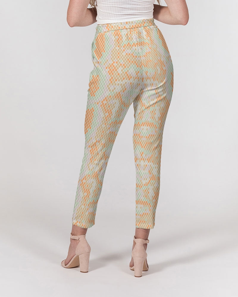 Green & Orange Snake Print Women's Belted Tapered Pants