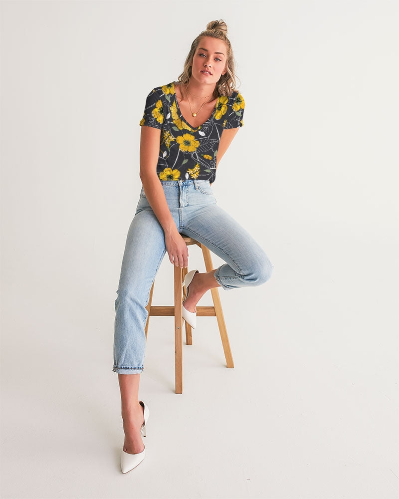 Yellow Flowers & Tropical Leaves Charcoal Women's V-Neck T Shirt