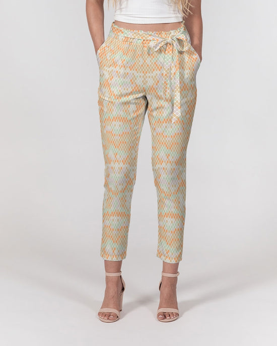Green & Orange Snake Print Women's Belted Tapered Pants