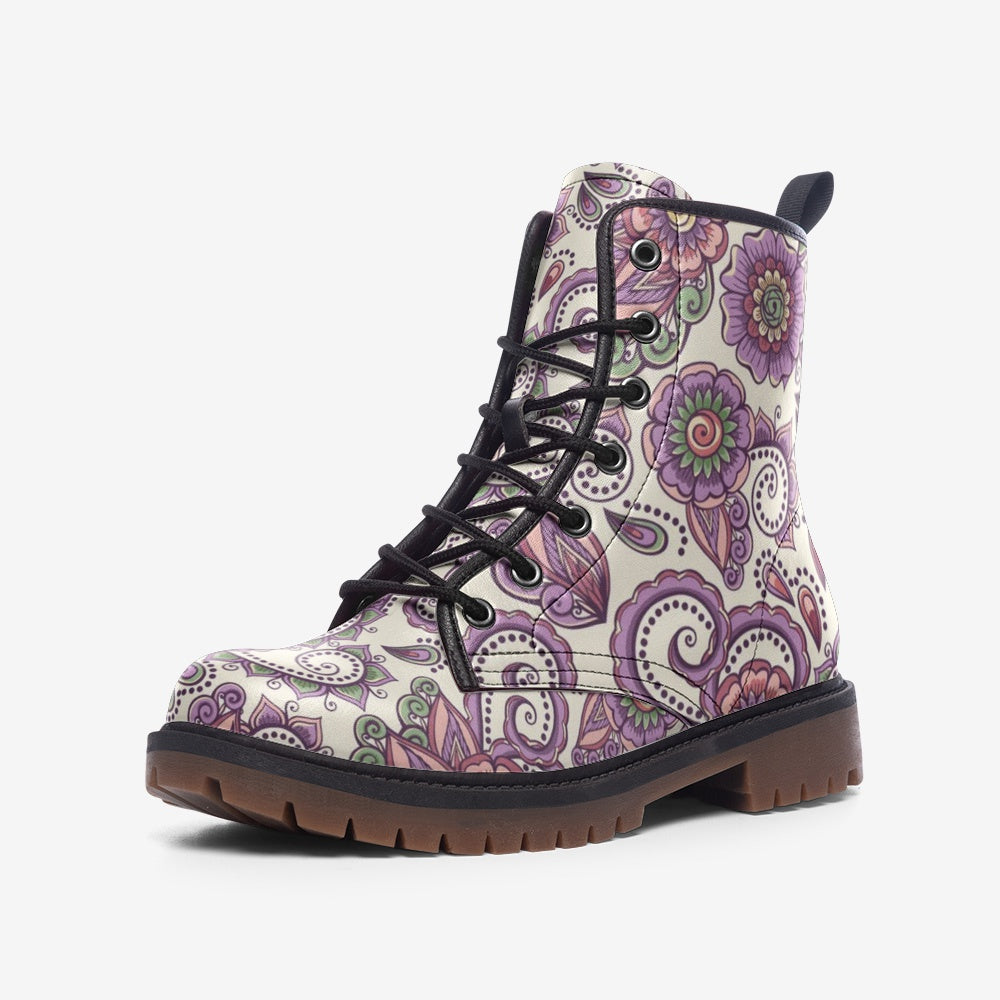 Purple Cream Paisley Lace Up Boots