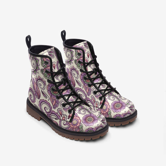 Purple Cream Paisley Lace Up Boots