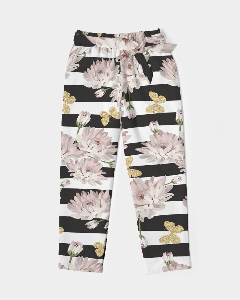 Pink Chrysanthemum Butterflies Women's Belted Tapered Pants