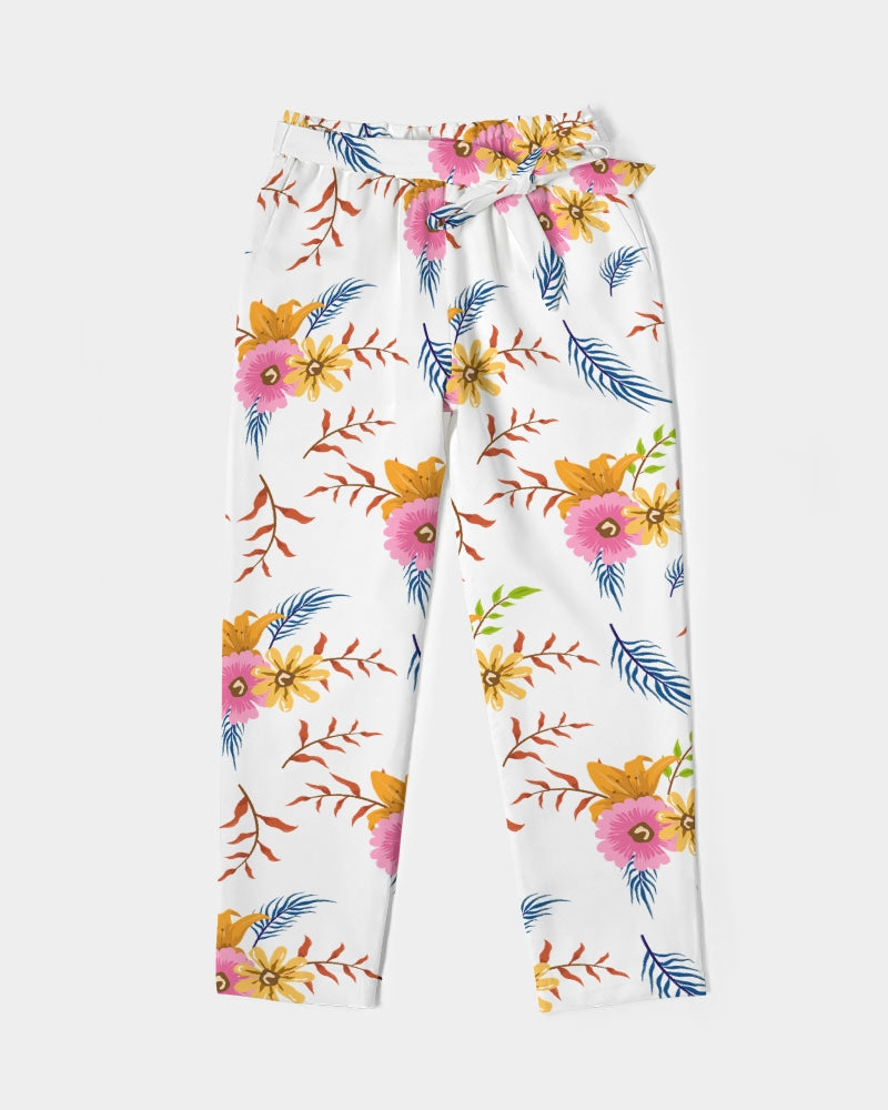 White Summer Floral Women's Belted Tapered Pants