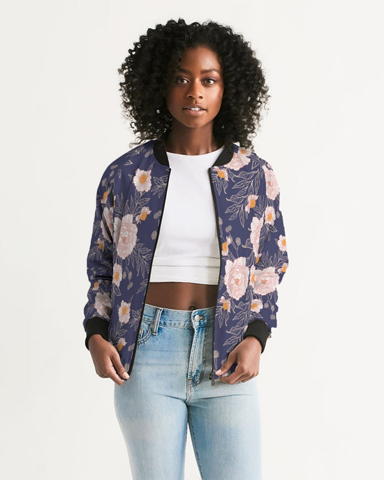 Load image into Gallery viewer, Orange Peonies Floral Orient Blue Women&amp;#39;s Bomber Jacket
