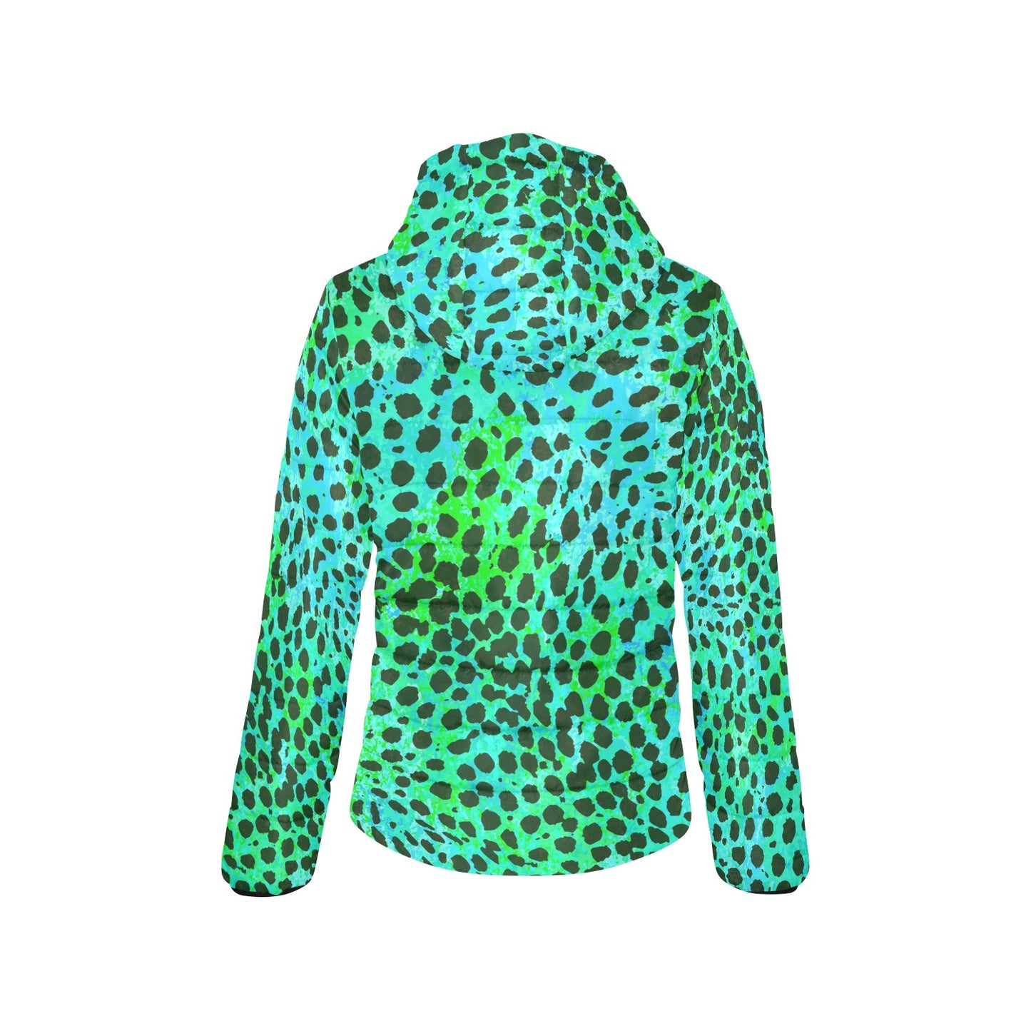 Neon Green Leopard Print Womens Hooded Puffer Jacket