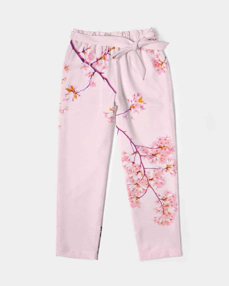 Load image into Gallery viewer, Pink Cherry Blossom Women&amp;#39;s Belted Tapered Pants
