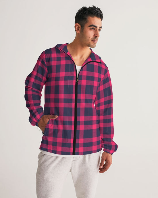 Red & Navy Tartan Men's Hooded Windbreaker Jacket