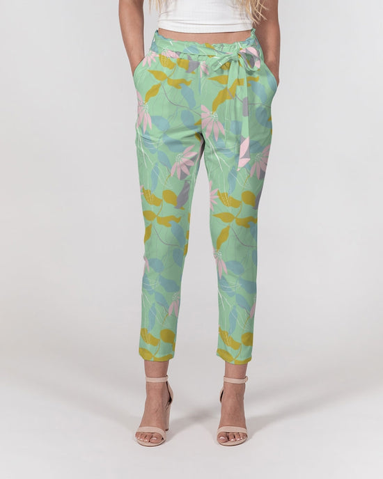 Green Tea Floral Women's Belted Tapered Pants