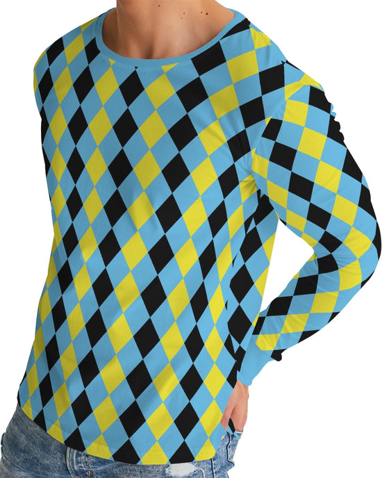 Blue & Yellow Harlequin Check Men's Long Sleeve Tee