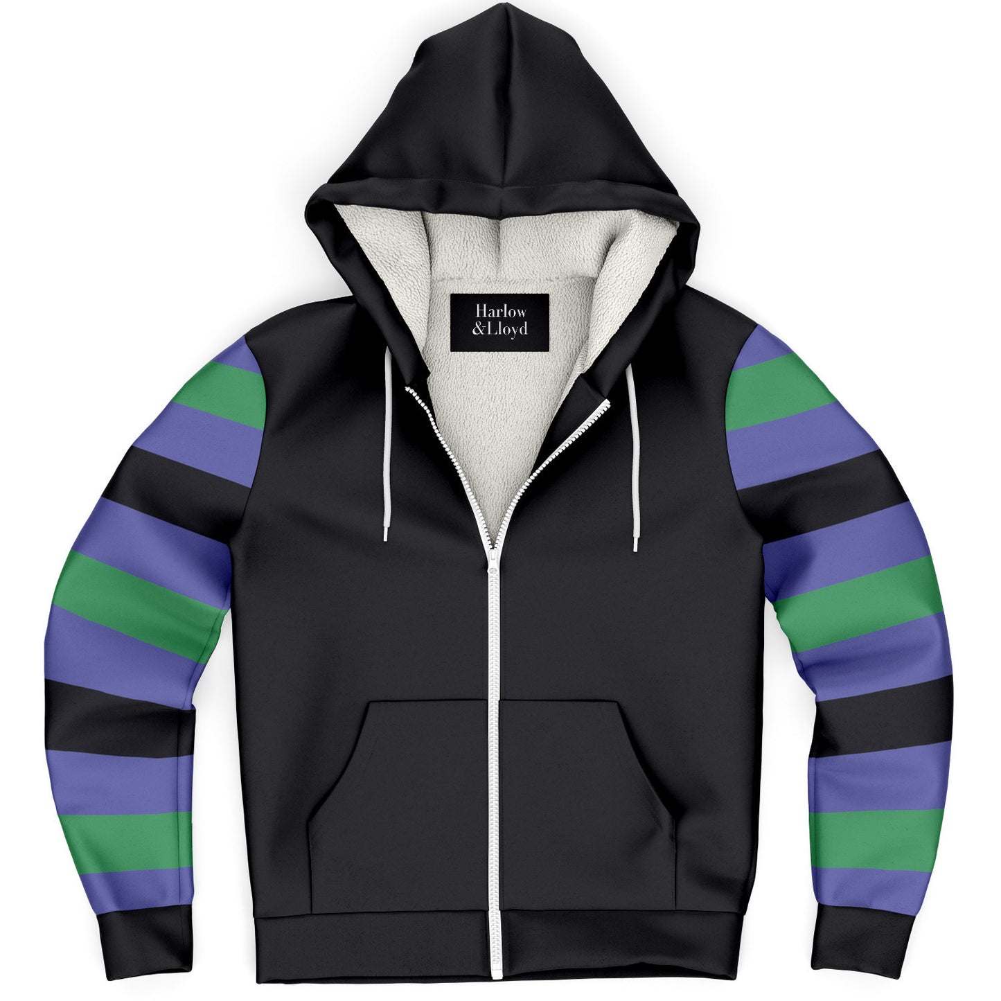 Stripe Unisex Zip Up Fleece Hoodie in Black, Violet Blue & Green