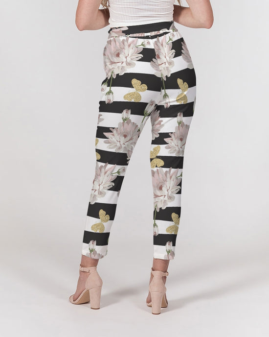 Pink Chrysanthemum Butterflies Women's Belted Tapered Pants